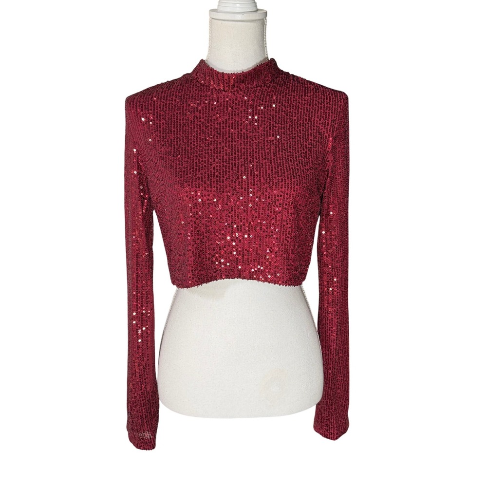 Lulus Sequin Crop Top Burgundy Mock Neck Long Sleeve Back Zip Size XL Party NWT